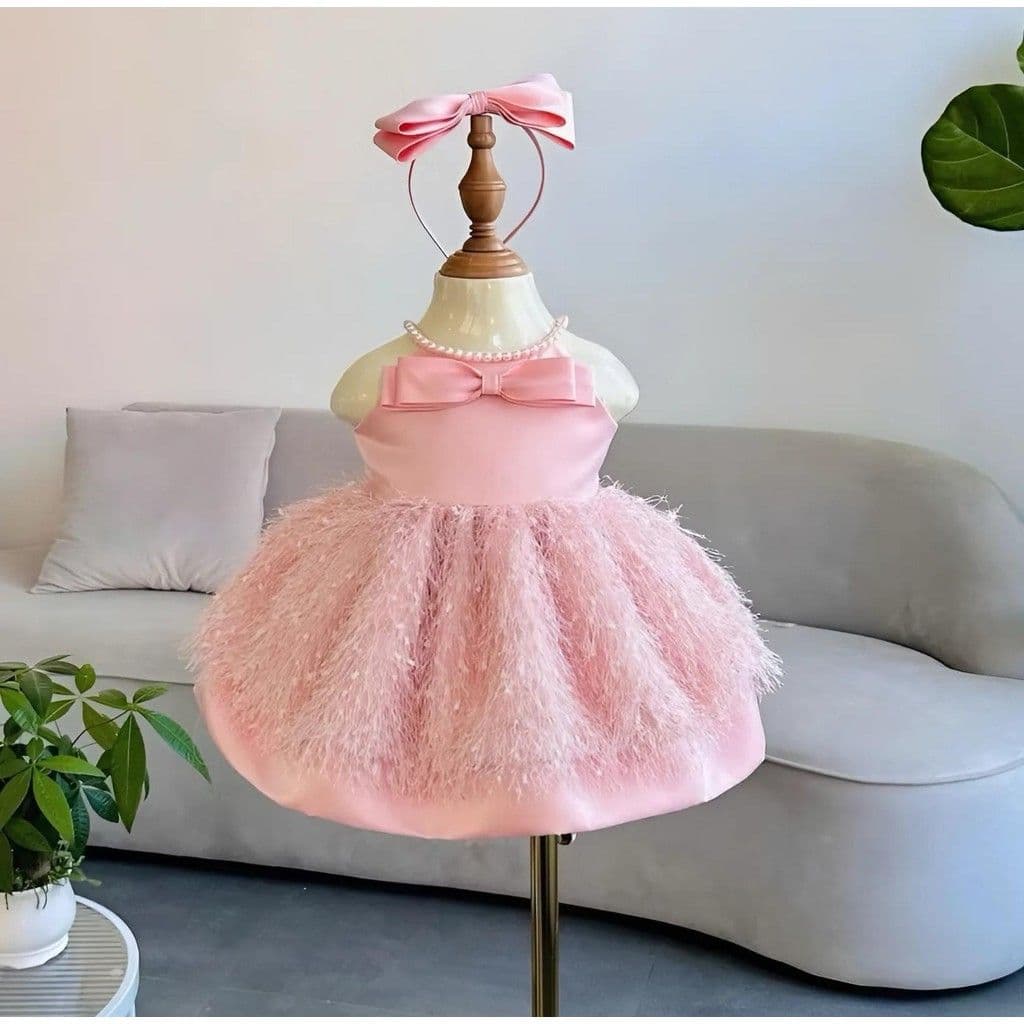 Feather-Trim Taffeta Dress (hair clip & veil)