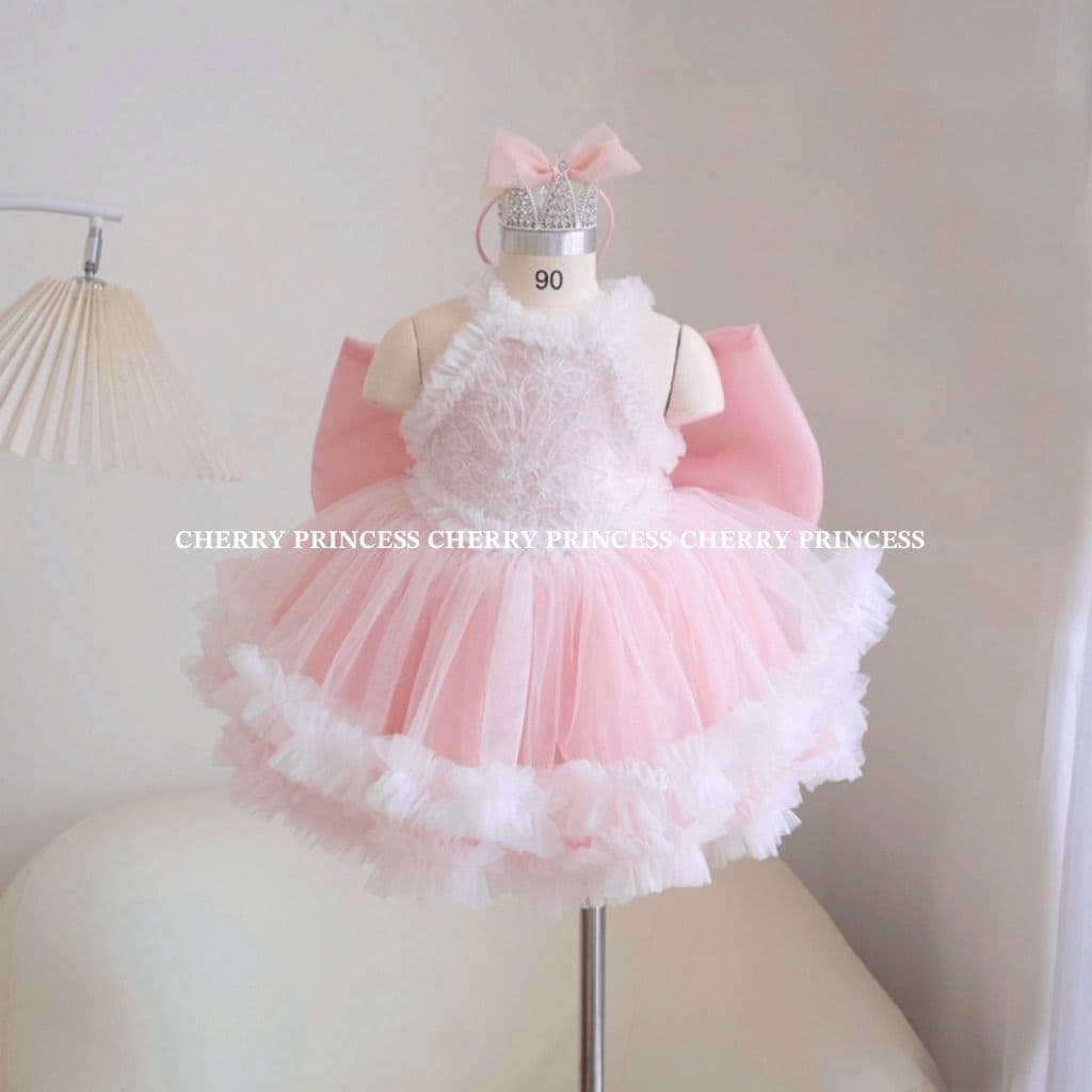 White & Pink Party Dress (Free Hair Clip)