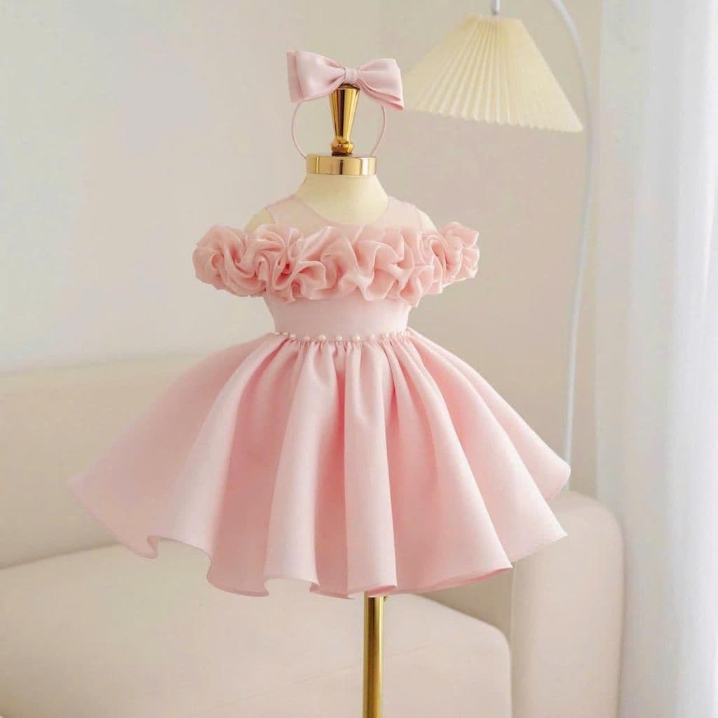 Ruffle-Bodice Taffeta Holiday Dress (hair clip & veil)